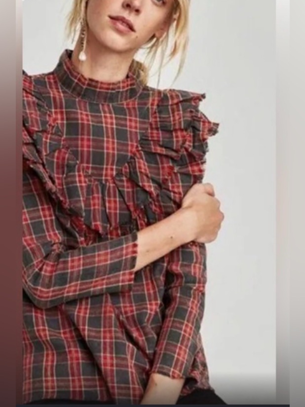 Zara High Neck Ruffle Flannel Blouse